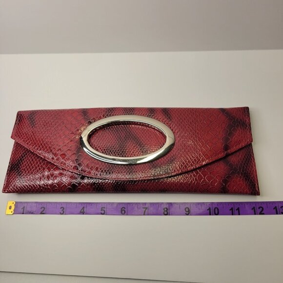 Snake Print Maroon Red Long Rectangular Clutch Purse - Picture 8 of 11